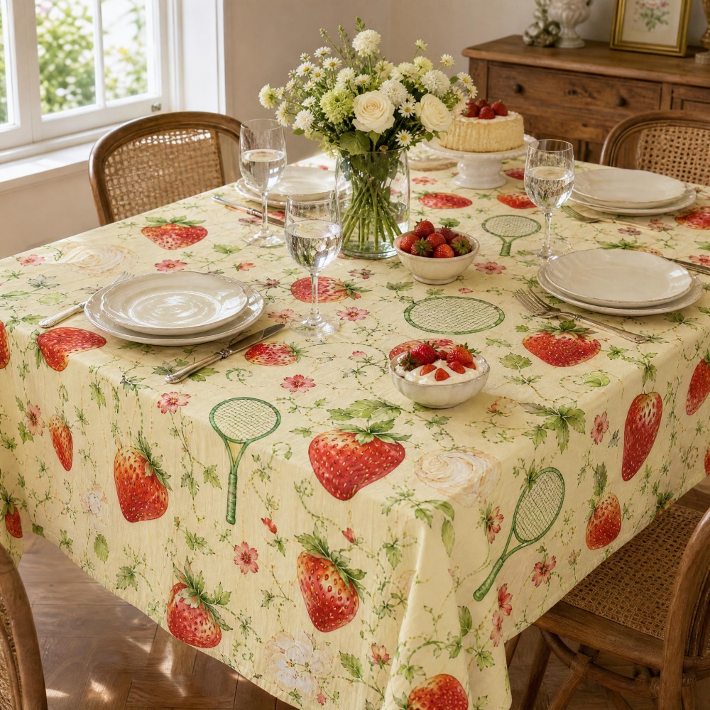 Table Tennis News Today - Erdbeer-Blumen-Tischdecke Retro-Tennis-Muster Tischdecke im Landhausstil Dekor-Tischdecke